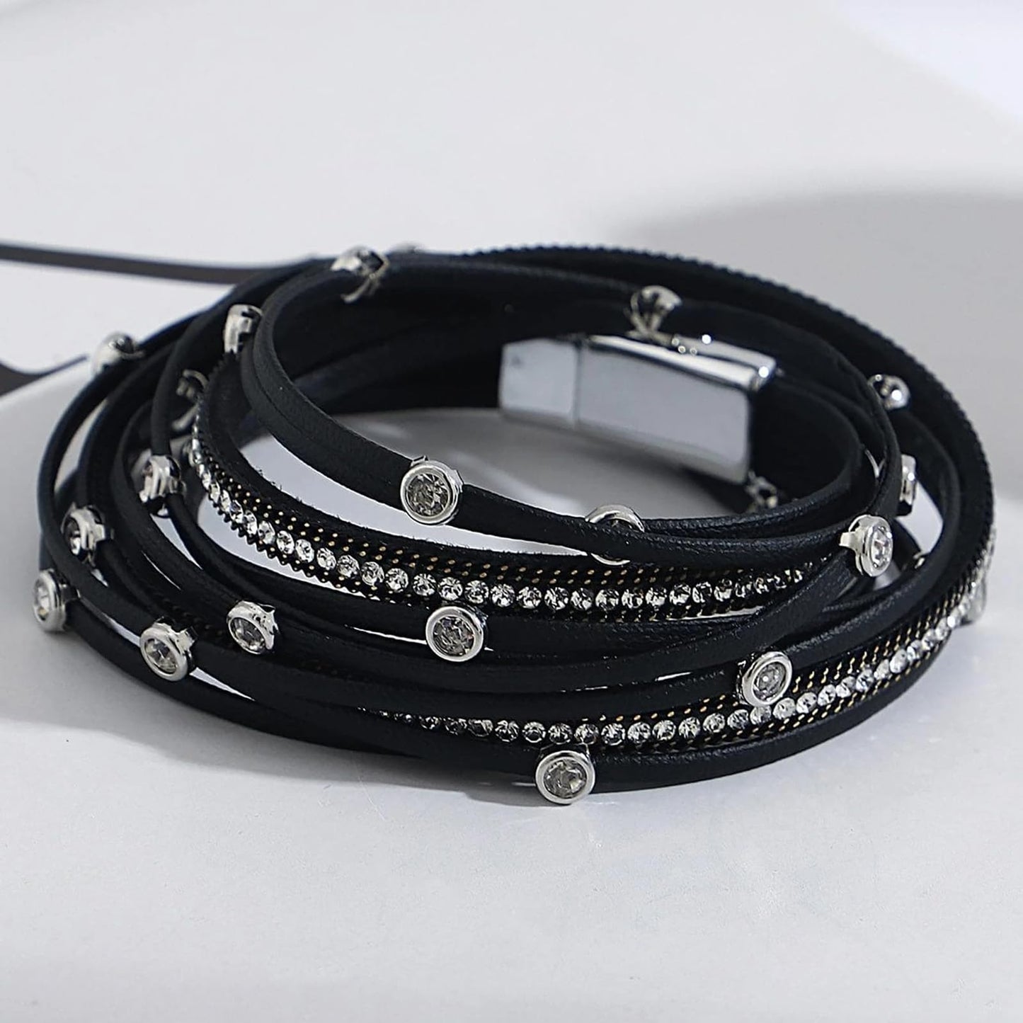 Leopard Bracelet for Women, Boho Leather Wrap Multi-Layer Pearl Crystal Bracelet Bangle Jewelry(Rhinestone(Black))