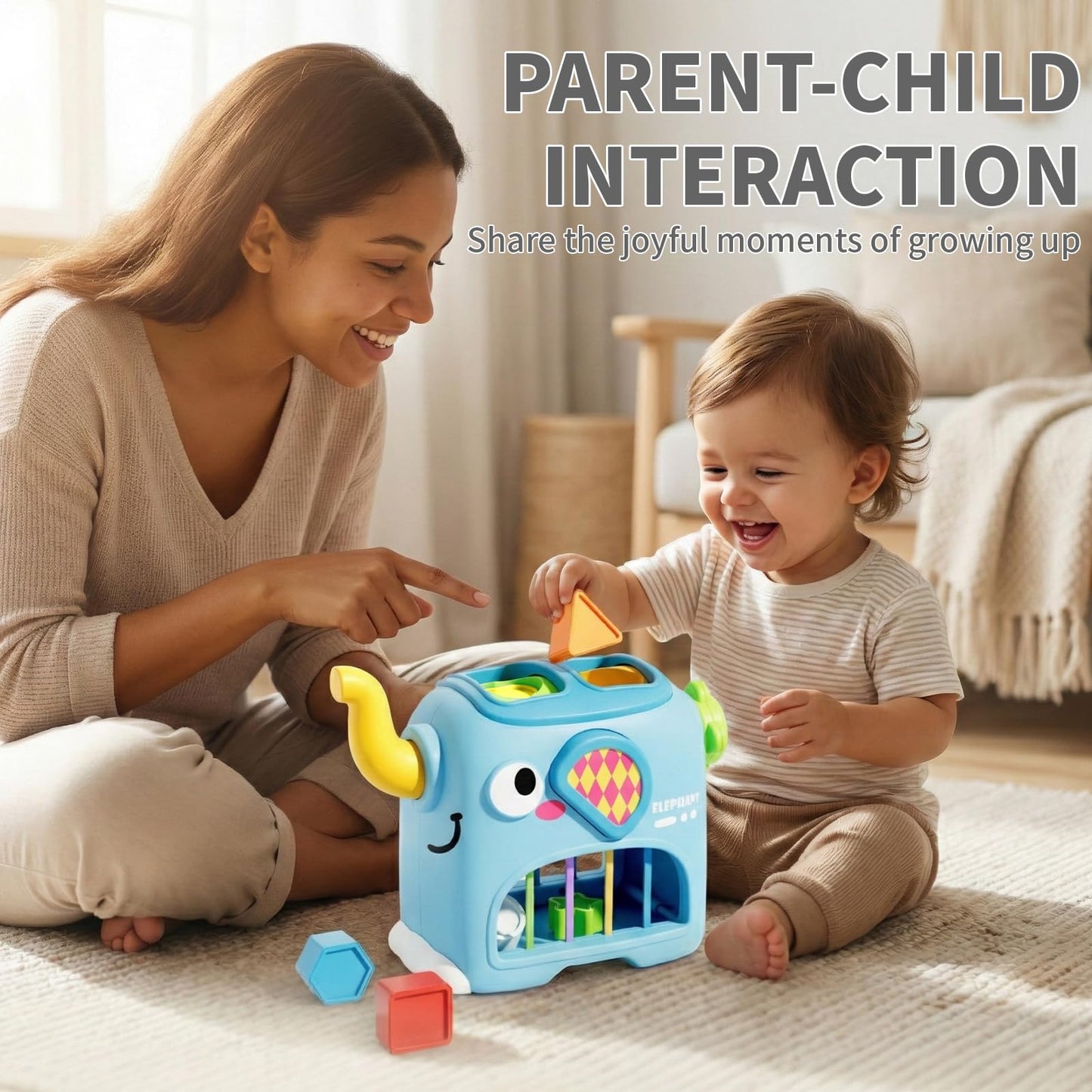 SOCBTNSO Elephant Interactive Shape Sorter Toys for 18 Months+, Montessori Matching & Sorting Toys with 6 Sensory Shape Blocks, Developmental Infant Birthday Gifts for Learning Toddler