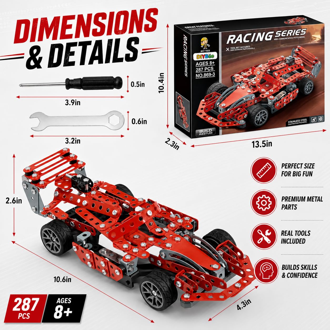 DIYBee Metal Model Car Kit, 287 Pcs Racing Car Building Kit for Boys 8-12, Build Your Own Car Kit with Real Tools, STEM Engineering Erector Set Gift for Kids Teens & Adults