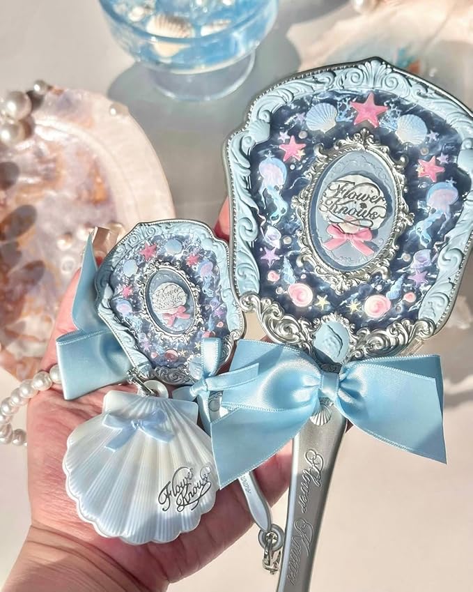 Flower Knows Shell's Jewel Hand Mirror,Vintage Portable Handheld Mirror,Fancy & Pretty Princess Mirror with Long Handle,Gift for Girls(Blue Seashell)
