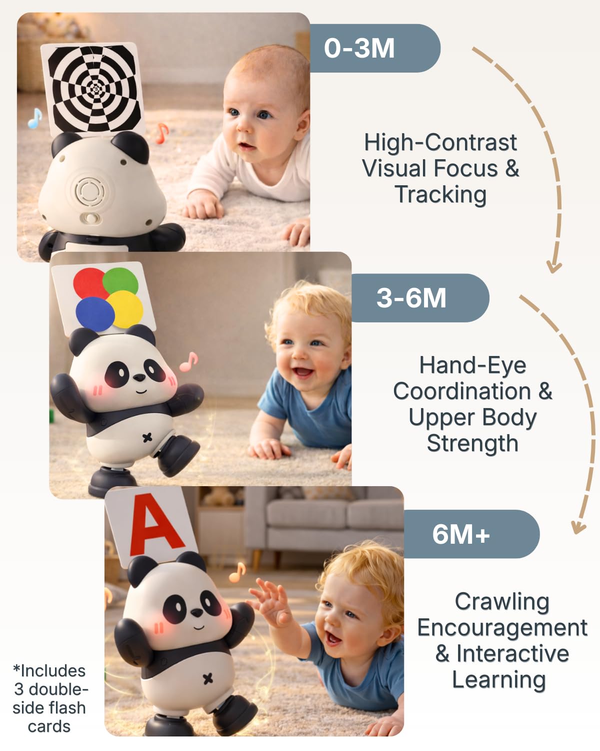 Cuddobaby Dancing Panda | 0-6M 6-12M Musical Toys, Changing Lights| Independent Tummy Time | Hands-Free High Contrast Flash Card Holder for Newborns, Crawling Encourage for Infants