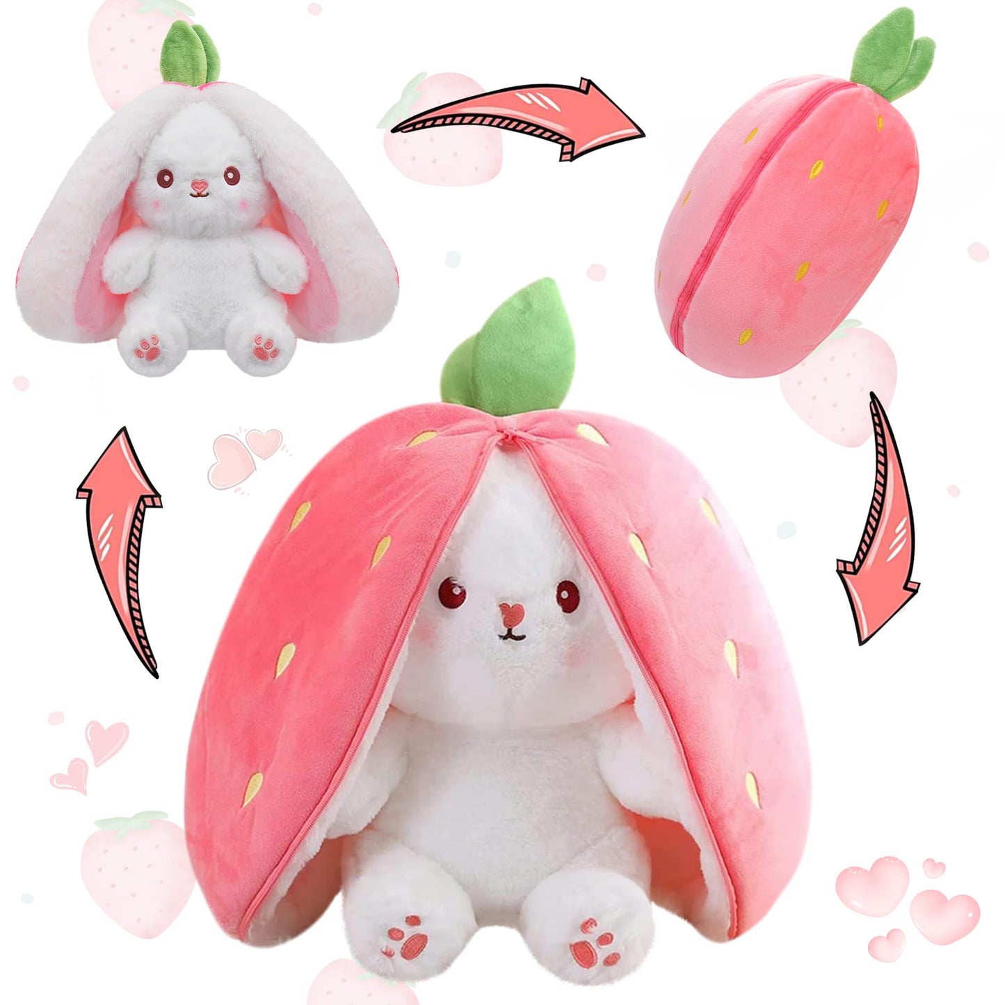 MIAODAM Bunny Stuffed Animal Reversible Cuddle Bunny Stuffed,Strawberry Bunny Transformed Rabbit Plush Zipper,Turns Into Ears Bunnies Plushies Toy Cute Stuffy Doll Easter