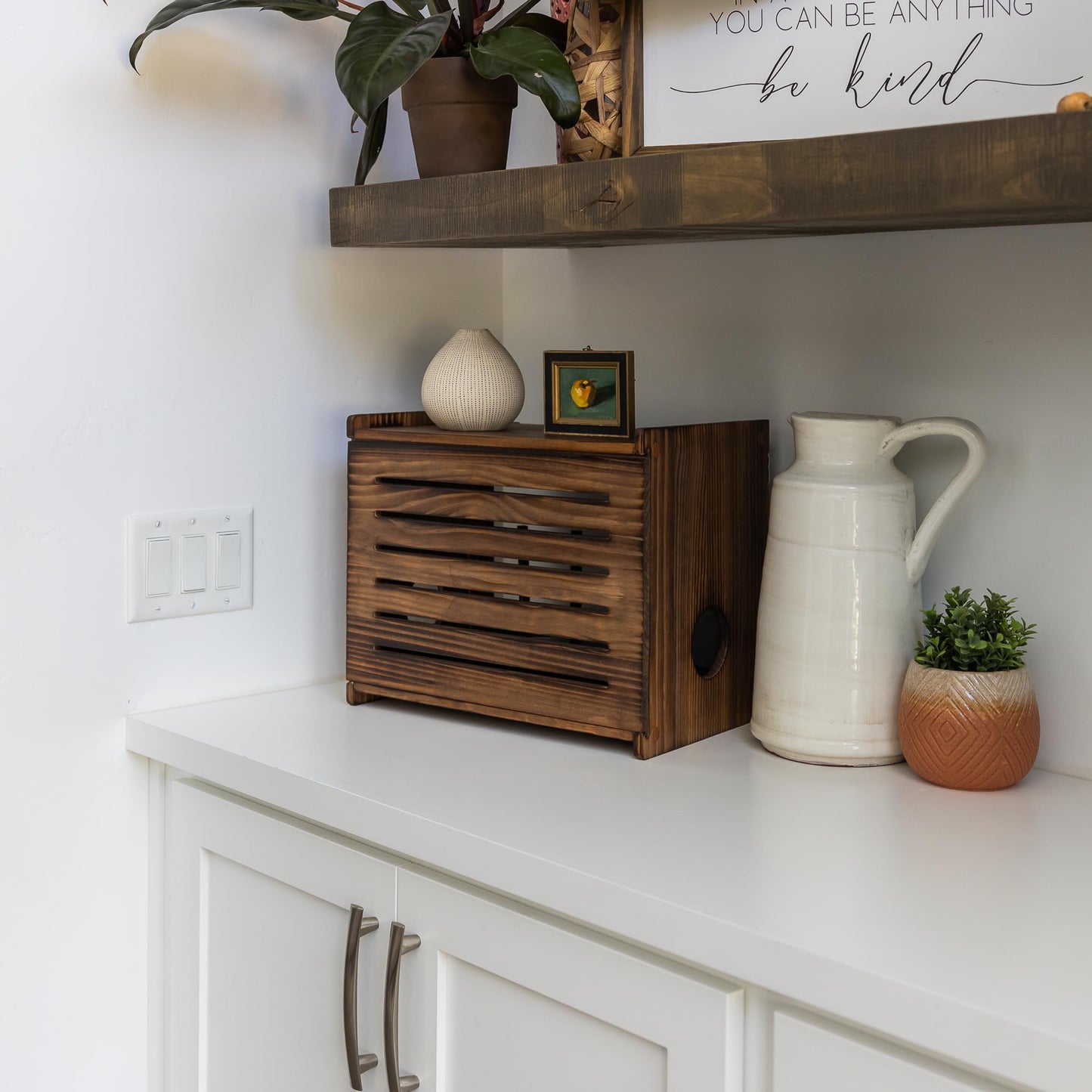 Wooden WiFi Router Storage Box - Deluxe Wall Mountable Decorative Modem Shelf Hider Cover with Cable Management System - Rustic Home Organization Solution for Most Routers Up to 11" Tall - Dark Oak