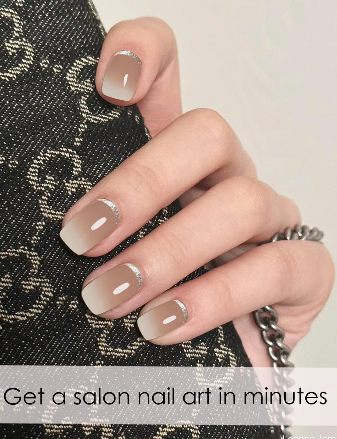Semi Cured Gel Nail Strips, No LED Lamp Needed, Brown Ombre Glitter Gel Nail Stickers, Wraps for Home Manicure DIY