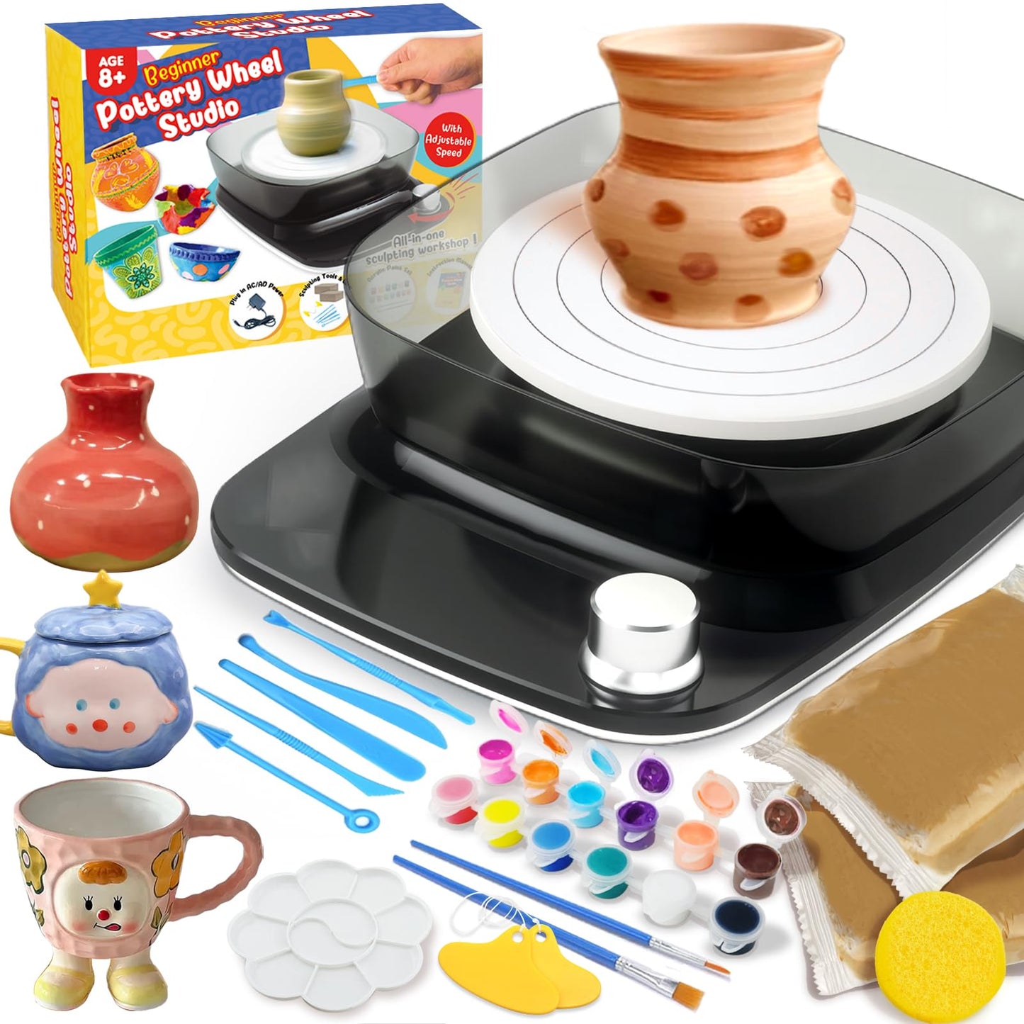 Pottery Wheel for Kids - Complete Pottery Kit & Tools for Beginners, Plug-in Rechargeable Battery, Upgraded Detachable Turntable Adjustable Speed, DIY Clay Maker for Kids 9-12 (Black, Patented)