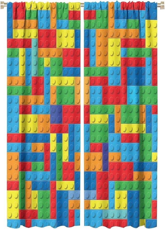 Colorful Building Block Toy Printed Curtains, Building Blocks, Curtains, Fun Brick 3D Design, Kids, Teens, Girls, Boys, Living Room, Bedroom, Window Treatment Panels, 2 Panels 42x63in