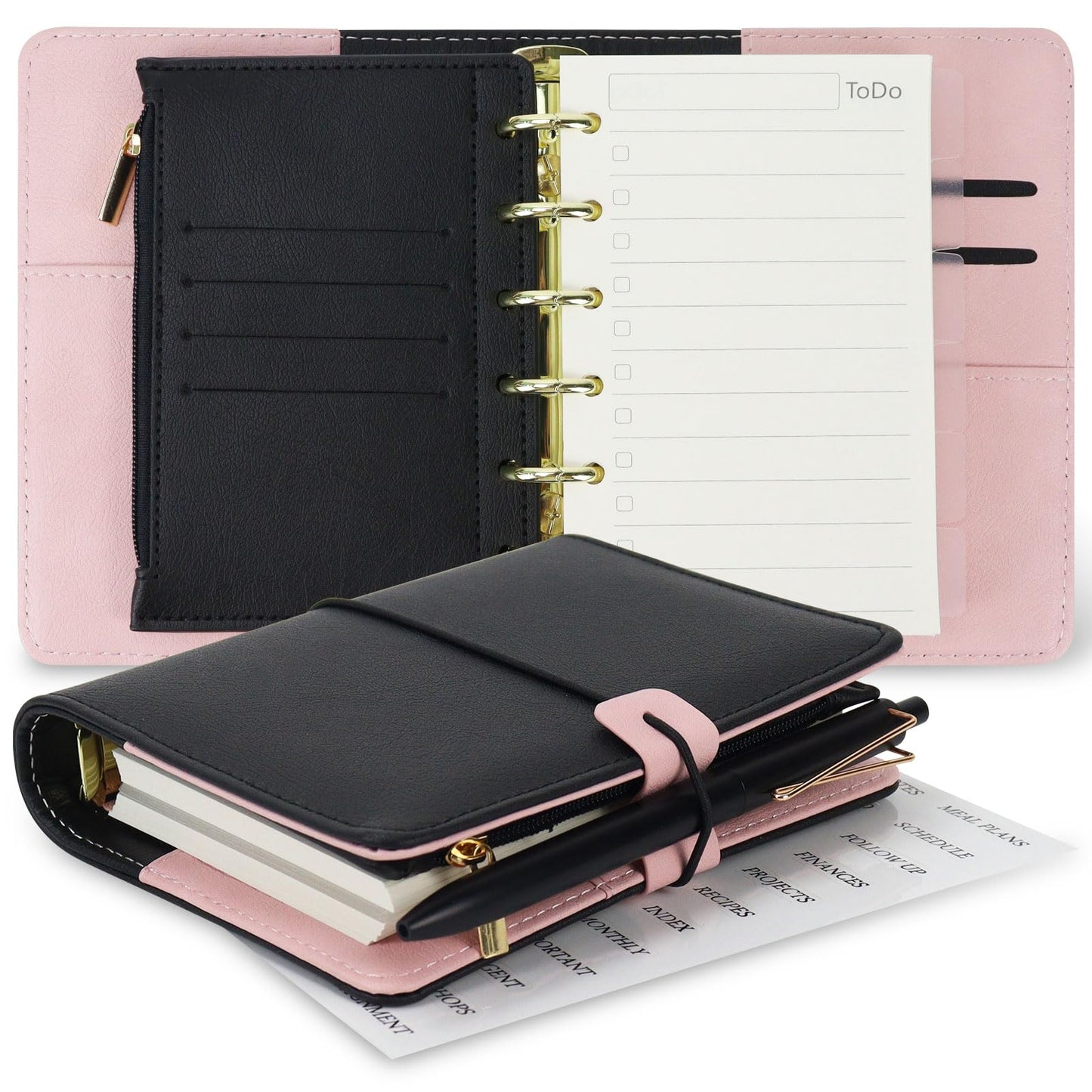 Koqye A7 Refillable Planner Small Binder Notebook 6 Ring, Portable PU Leather Organizer with Zippered Pocket, To-Do & Blank Refill Papers, Dividers, Monthly Sticker, Pen, for Students, Professionals, Travel (Black & Pink)