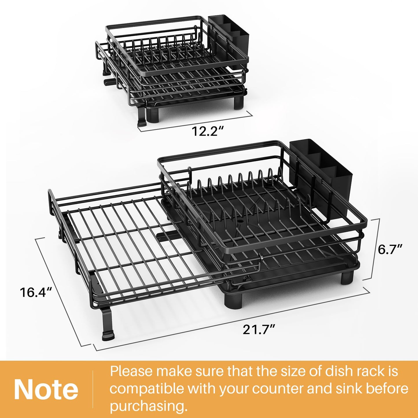 SNTD Dish Drying Rack - Extendable Dish Rack, Large Sink Drying Dish Drainer for Kitchen Counter, Stainless Steel Dish Strainer with Utensil Holder (Black)
