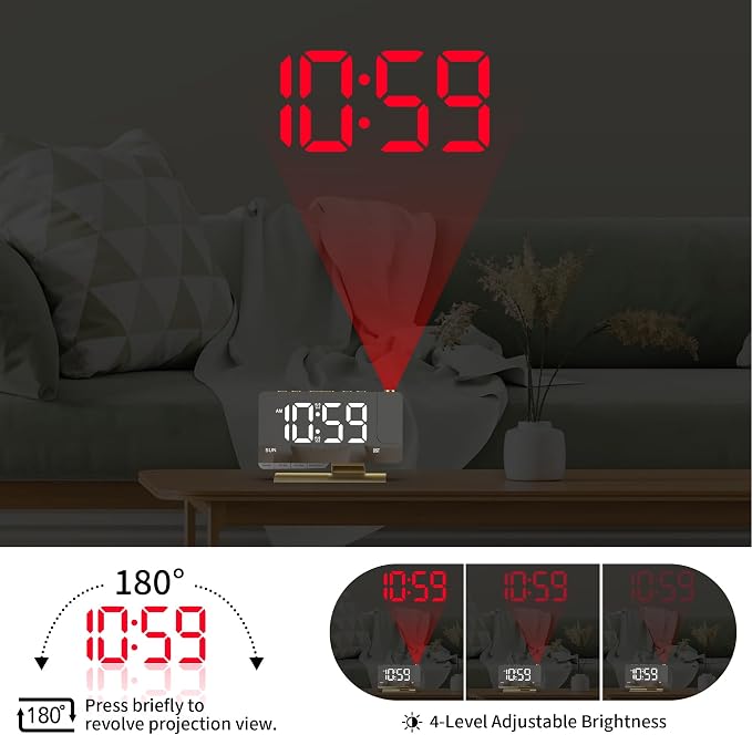 Projection Alarm Clock for Bedroom Ceiling, Gold Digital Clock Room Decor