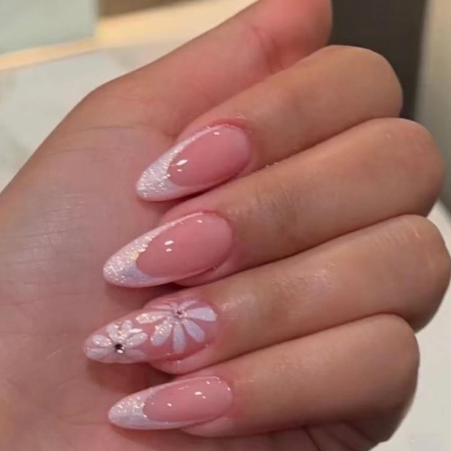 BABALAL Press On Nails, Medium Almond Fake Nails, White Chrome French Tip,Flower Design, Pearl Bling Glossy, Luxury Glue On Nails 24Pcs Reusable