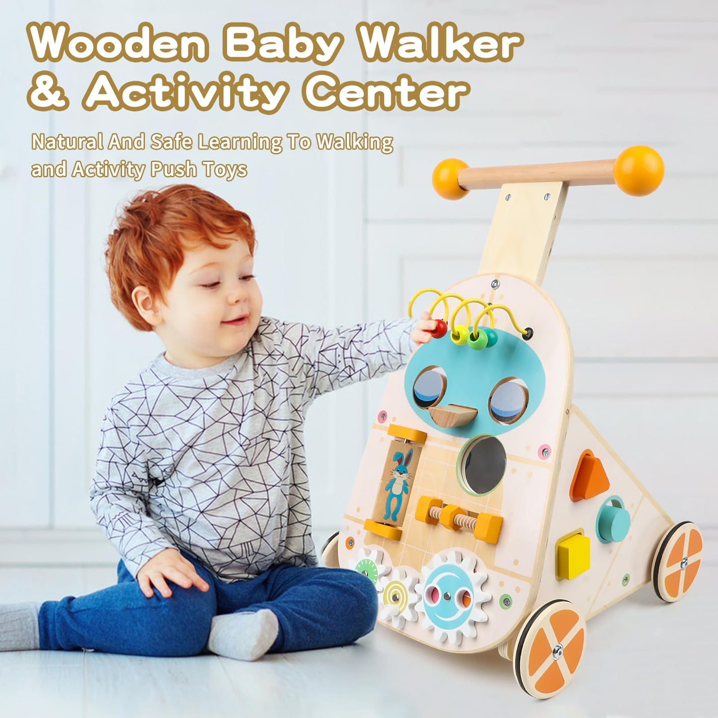 Canuan Wooden Baby Walker, Adjustable Speed Push and Pull Learning Activity Walker, Toddler Push Walker Activity Center Toys with 7 Educational Activities for Boys Girls 1 2 3 Year Old