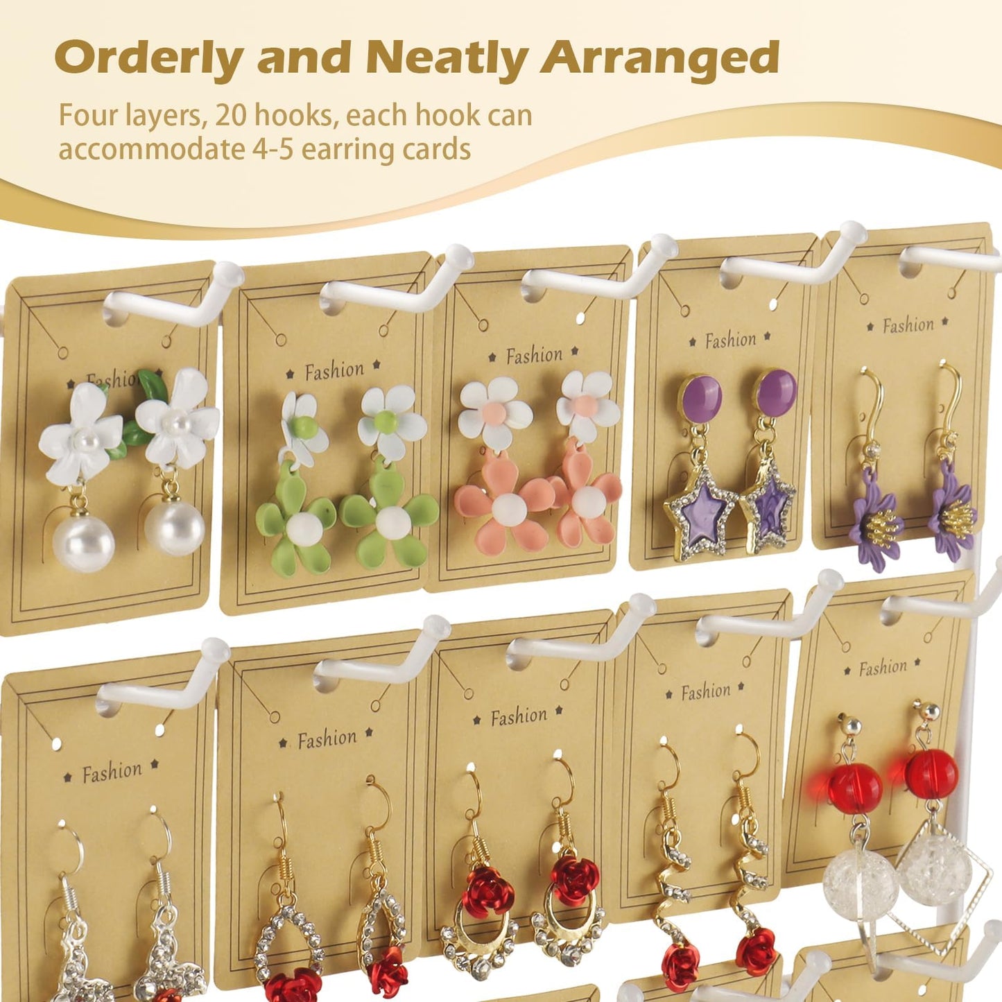 shidaishiye Earring Display Stand for Selling,Earring Display for Vendors, Wood Earring Rack Tower Display Holder Stand with Card (4 Tier,20 Hooks, White)