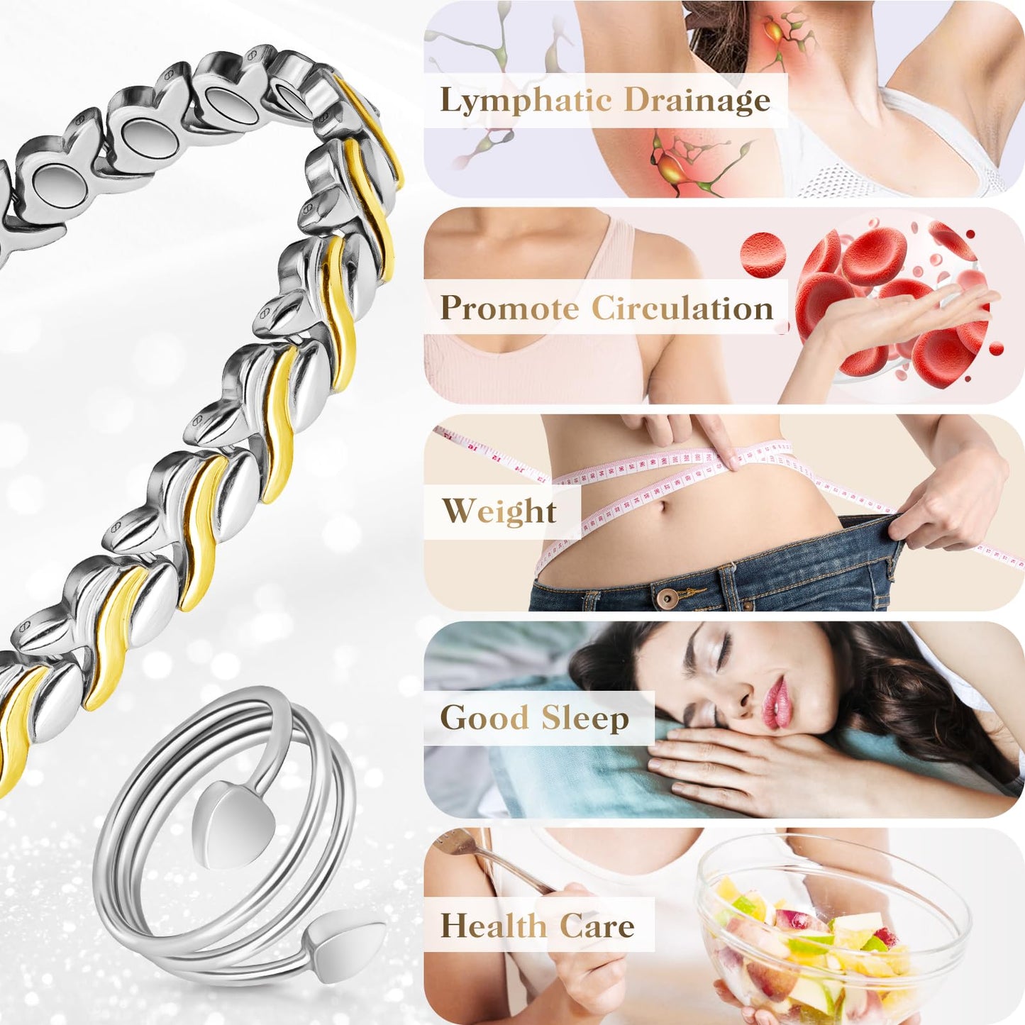 Lymph Detox Magnetic Bracelet for Women, Titanium Steel Magnetic Bracelet with Fishtail Design, Magnet Therapy Bracelet & Lymphatic Drainage Ring-Jewelry Gift Set with Adjustment Tool
