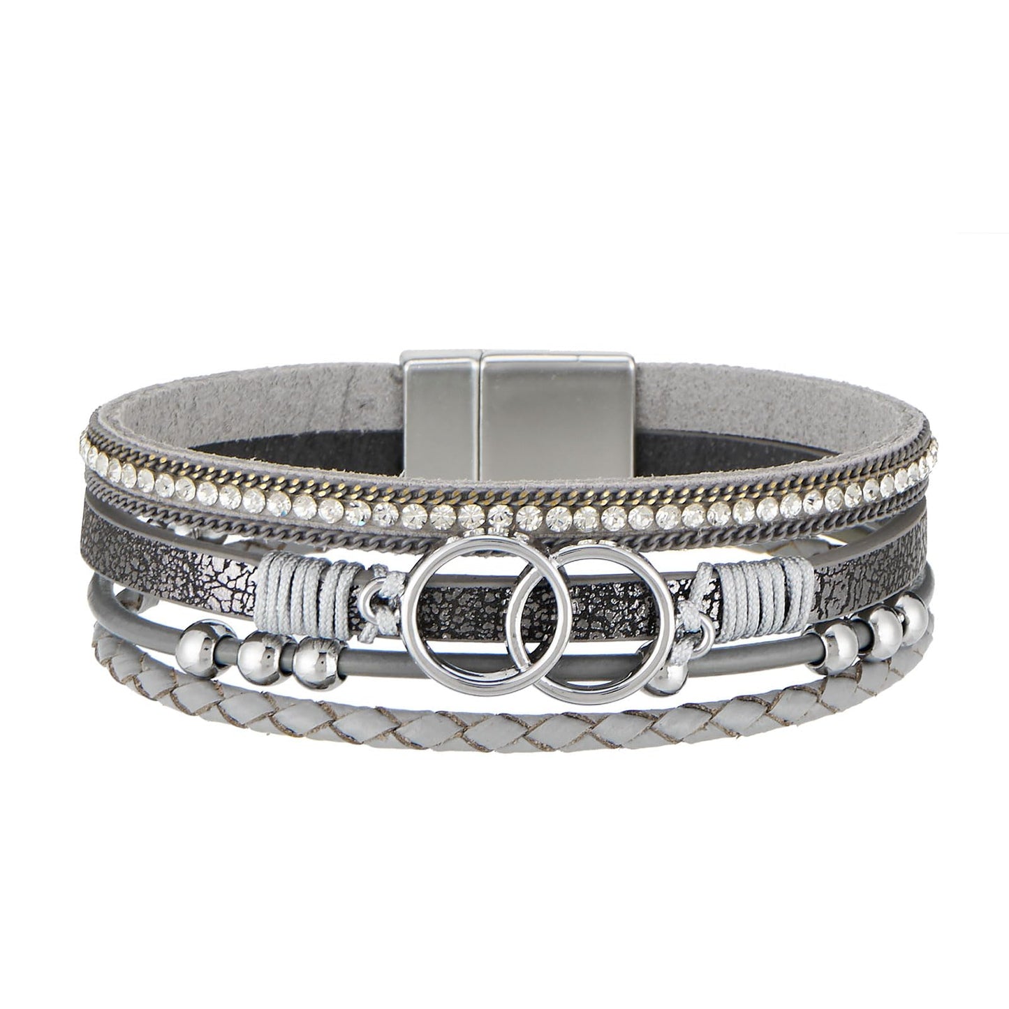 QIUTIMIY Leather Bracelets for Women Trendy Boho Cuff Bracelet Layered Bangle with Clasp Hand Wrist Jewelry Western(Style 8-Gray)