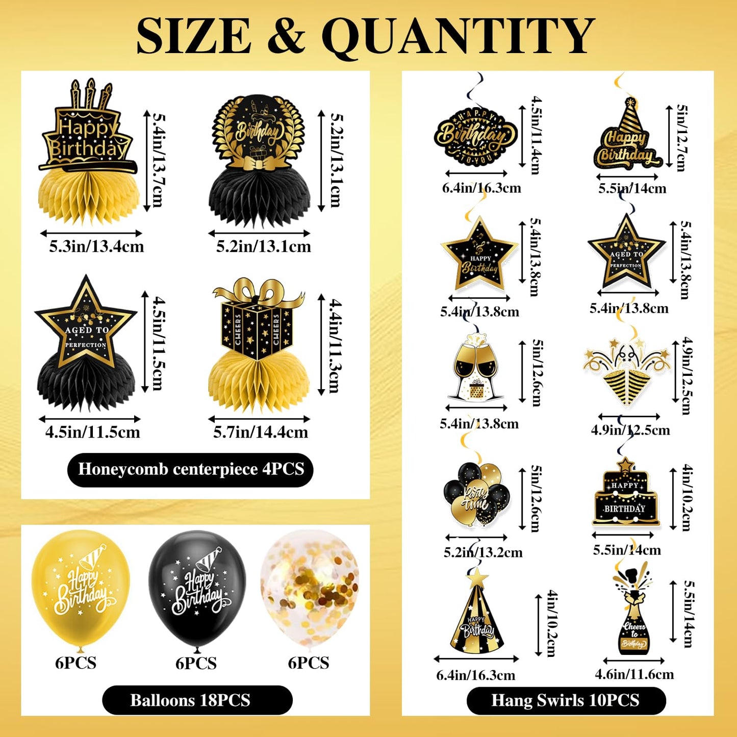 Black Gold Birthday Decorations for Men Women, Pre-Strung Happy Birthday Banner with Backdrop, Balloons,Honeycomb Centerpieces & Streamers Kit