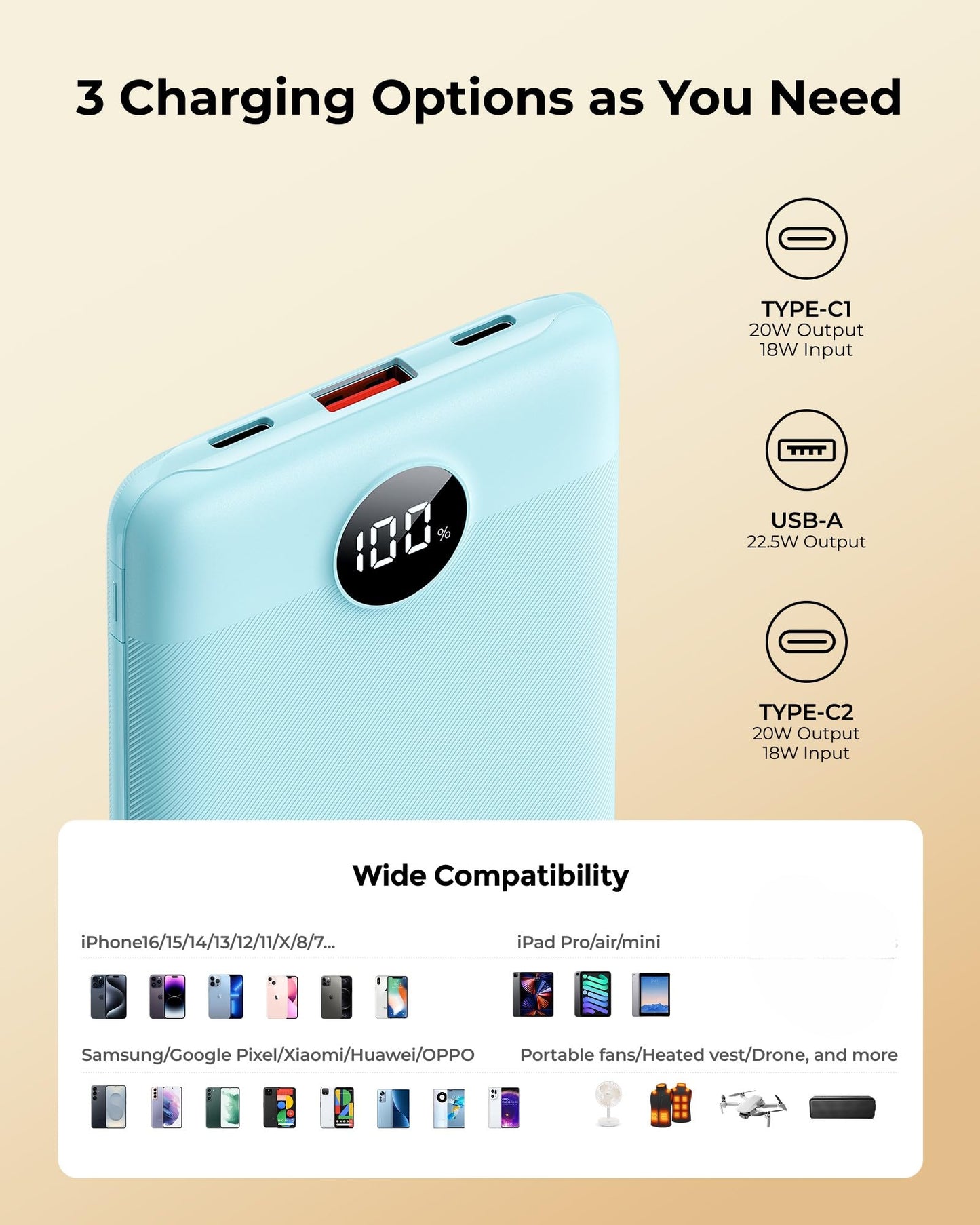 WeeFancy Small Portable Charger 10000mAh, Mini Power Bank with LED Display, 20W Fast Charging USB-C Battery Pack, Compact Travel Charger Compatible with iPhone 17/16/15/14, Android, etc