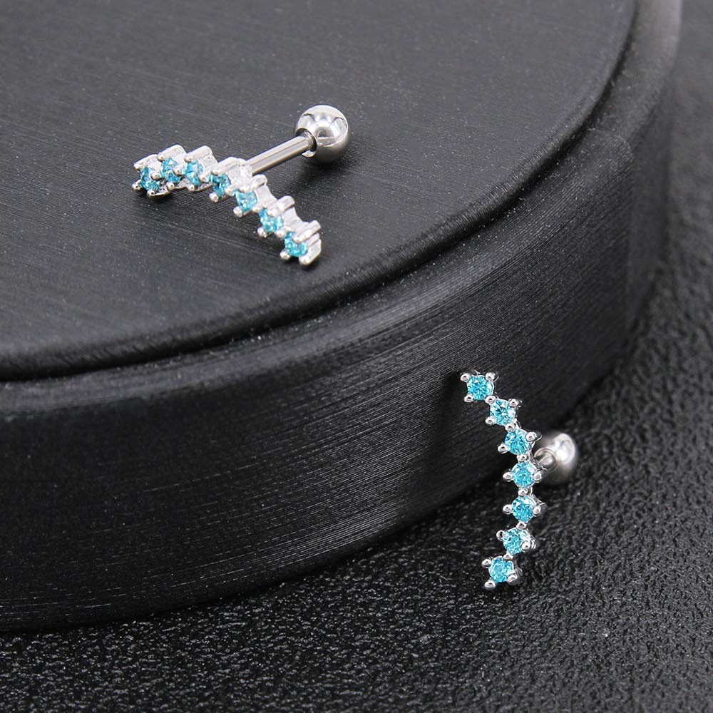 ZS Curve Seven Stud CZ Stud Earrings 316L Stainless Steel Ear Helix Conch Cartilage Piercing (Light Blue)