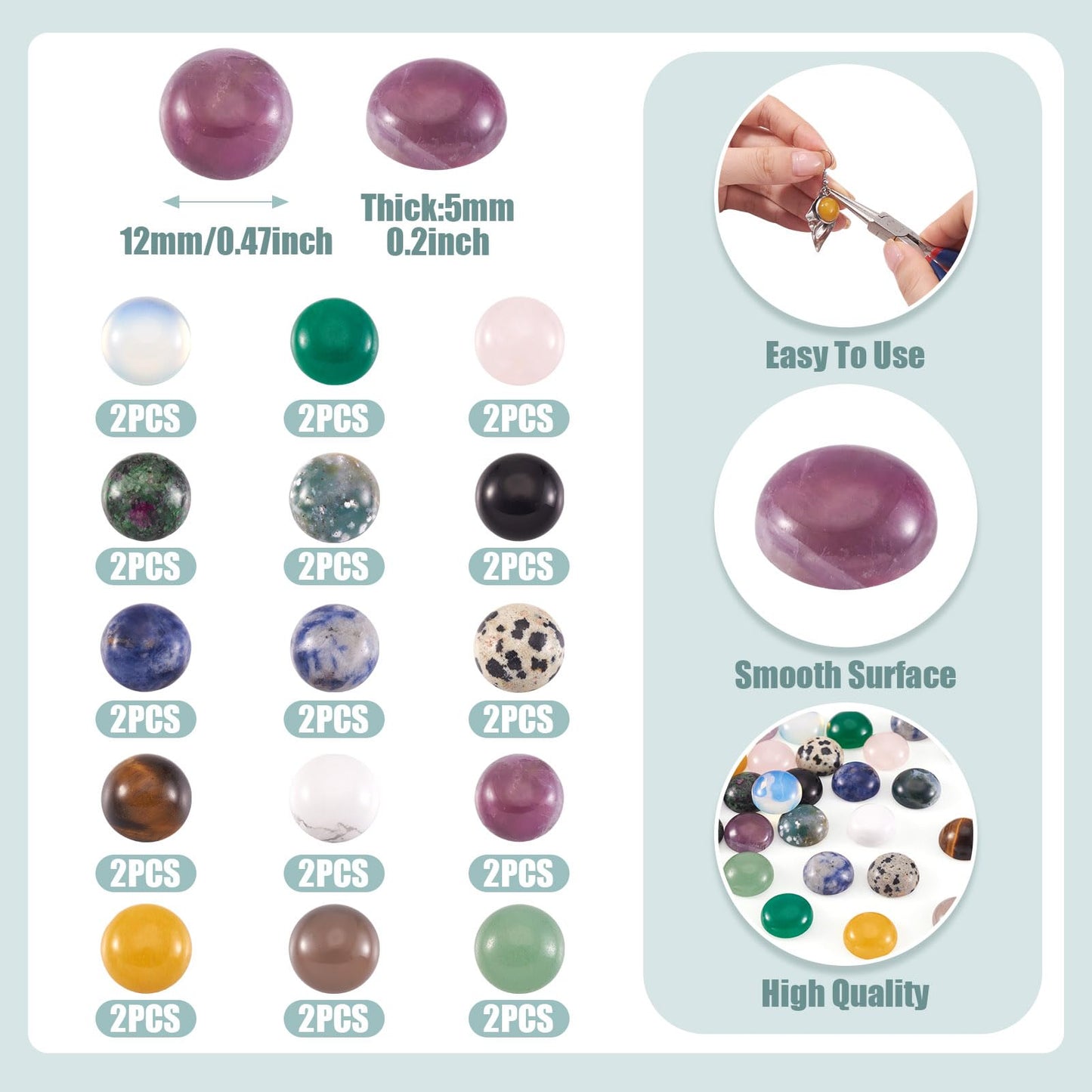 Fashewelry 30pcs Mixed Natural Gemstone Cabochons 12mm Flat Round Crystal Stone Cab Covers Chakra Healing Stone Beads for Earring, Pendant, Bookmark Cabochon Setting Jewelry Making