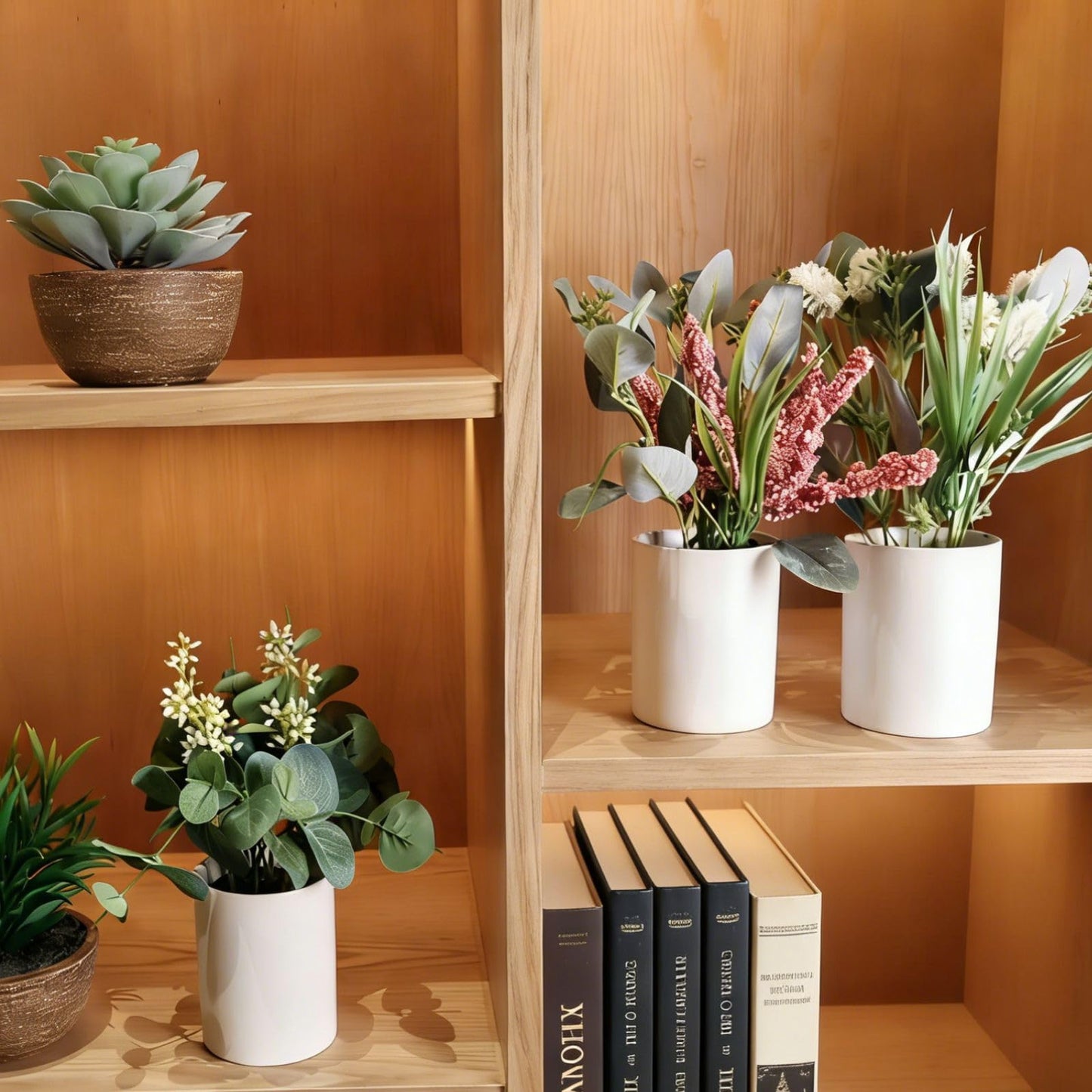 VINSUNI Artificial Plants with White Ceramic Vase, Eucalyptus Leaves and Pink Berry Stems, 3-Pack Fake Flowers for Bathroom Coffee Table Centerpieces