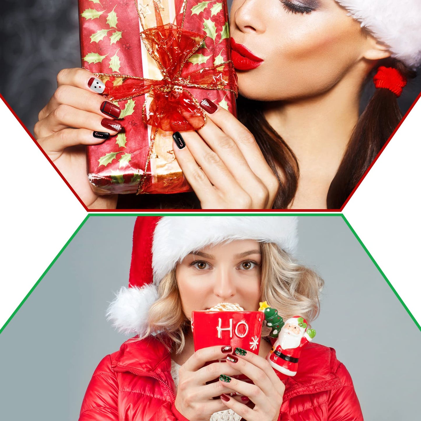 Kacctyen 384pcs 16pack Christmas Press on Nails Winter Square Short Red Fake Nails with Santa Elk Snowflake Pattern Glue on for Women Girls(Bright Pattern)