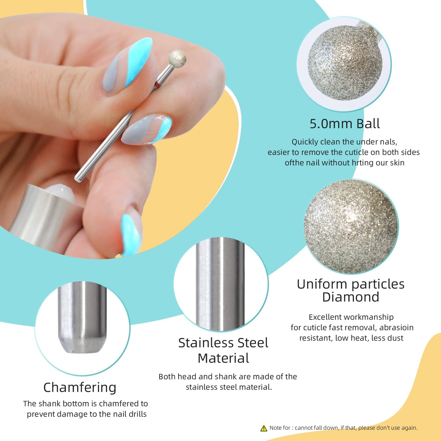 HYTOOS 5mm Ball Cuticle Clean Nail Drill Bits 5Pcs/Set Russian Diamond Nail Bit Professional Safety Under Nail Cleaner Burr for Cuticle Dead Skin, Electric Nails Drill Accessories, Fine