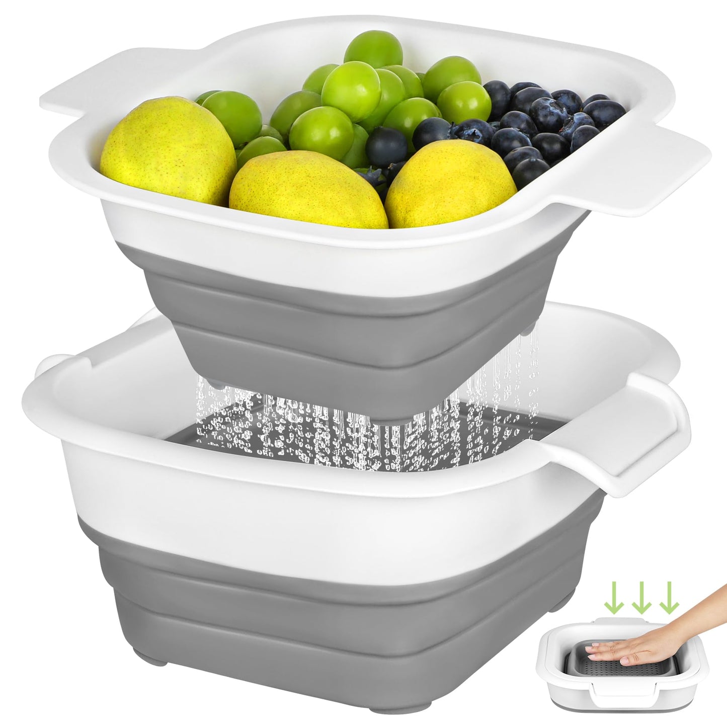 ROTTOGOON Collapsible Colander Set with Strainer Bowl, 2 in 1 Fruit Washing Basket with Strainer, 5 + 3 QT Plastic Colanders for Kitchen, Foldable Double Layered Colanders Bowl for Vegetable, Grey