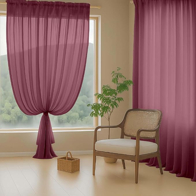 Burgundy Sheer Curtains for Window 72 inches Long 2 Panels, Soft Airy Light Filtering Sheer Curtains for Christmas Decoration, Dual Rod Pocket Solid Window Drapes, 2x42Wx72L inches