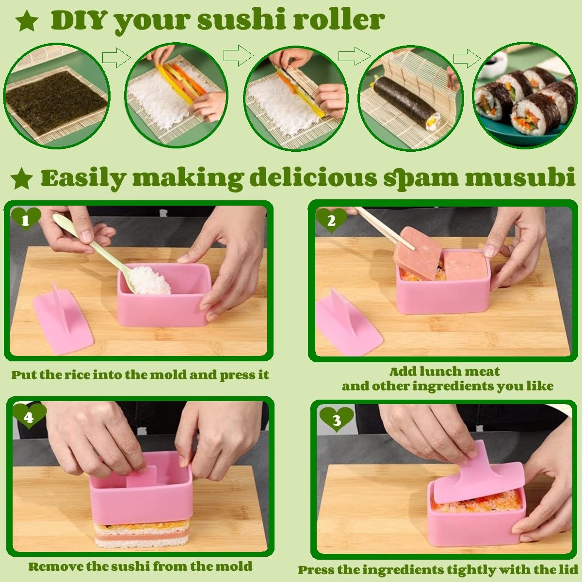 Gpurplebud Onigiri Mold Set - 13pcs Spam Musubi Maker Press Rice Ball Mold Sushi Rolling Mat Sushi Making Kit for Lunch Bento and Home DIY