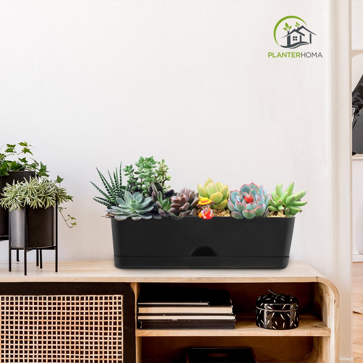 5 Pack Window Boxes Planters 16 Inches Rectangular Planter Herb Planter Boxes Large Plastic Flower Pots Rectangle Black Planter Outdoor and Indoor Succulent Window Sill Planter Self Watering Pots