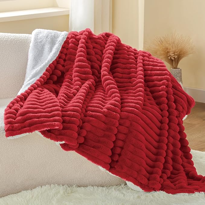 INFIIXSO Sherpa Throw Blanket for Couch - Super Soft & Warm Striped Fleece Blanket, Cozy Plush Fluffy Blanket All Season Use (Red, 60x80 Inches)