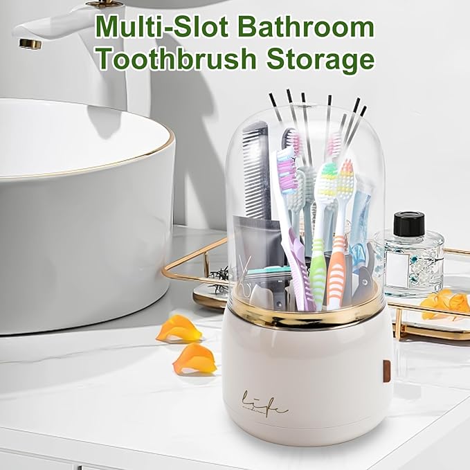 EEEKit Toothbrush Holder with Lid, 360° Rotating 7-Slot Organizer for Bathroom Countertop, Toothpaste Stand and Storage Rack