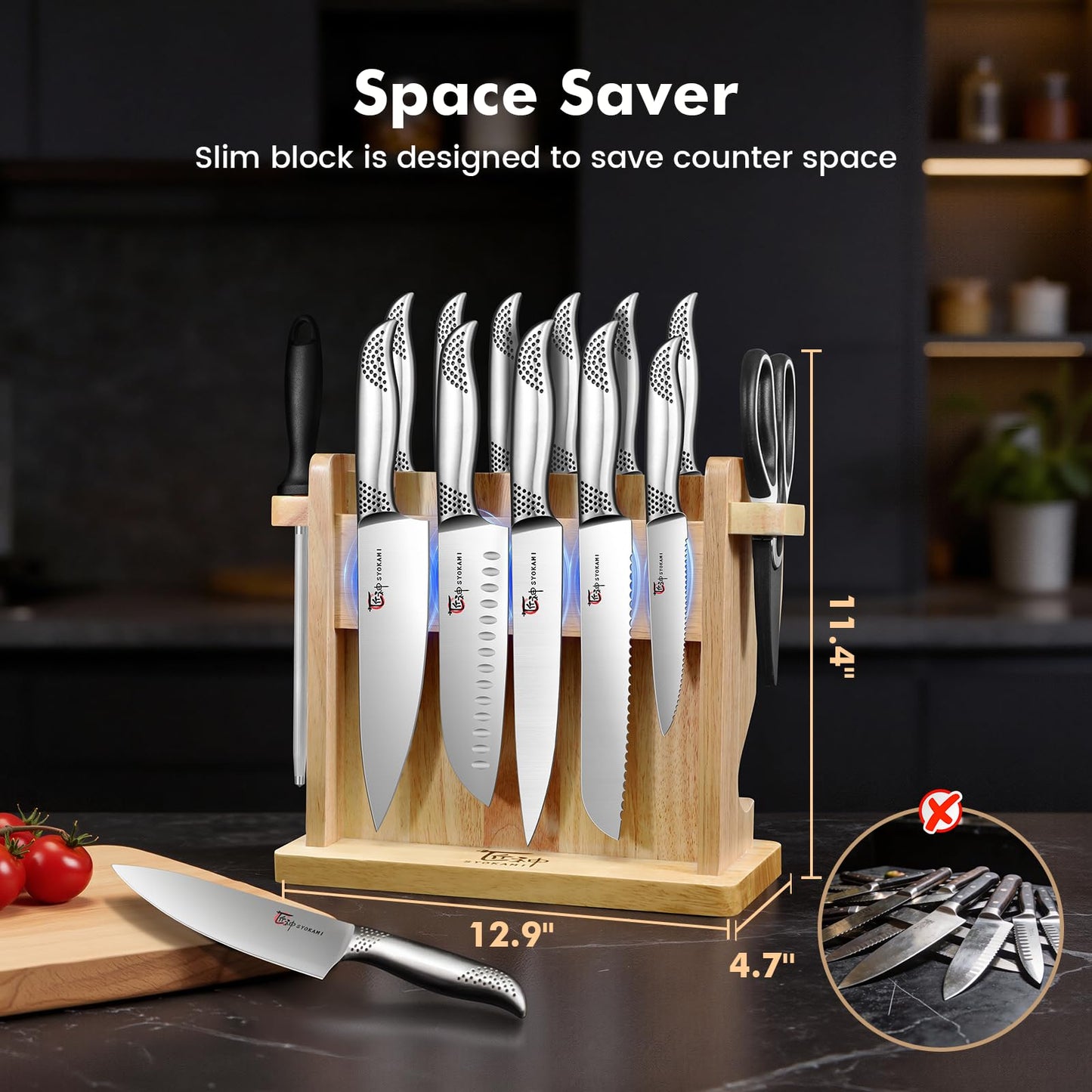 SYOKAMI Japanese Knives Set for Kitchen, Magnetic Knife Set with Block and Sharpener, Stainless Steel Knife Set as Gift for Couple, Wedding, Women or Mom with Gift Box, 14 PCS Black Dot
