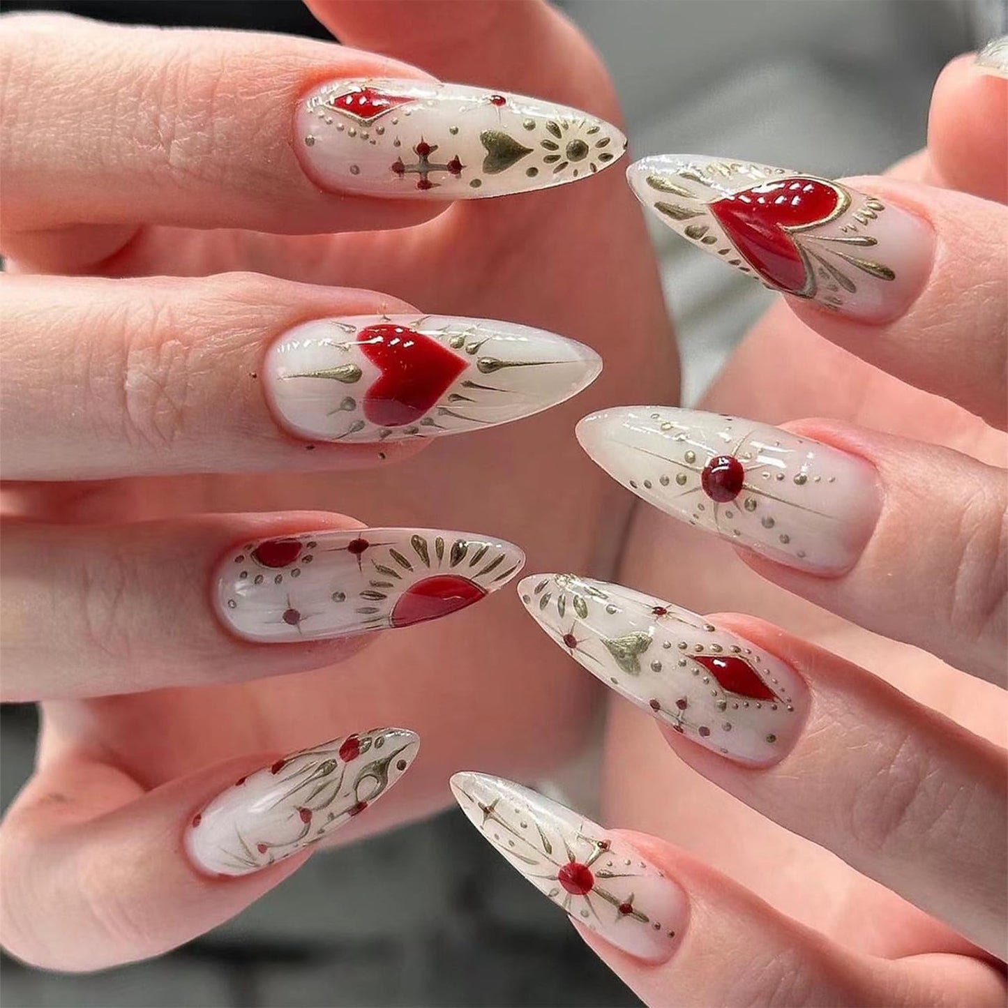 FJSMTOPl Valentines Day Press on Nails -Long Almond Fake Nails - Red Heart False Nails - with Design Gold Glue on Nail - Acrylic Stick on Nails Press ons - for Women Manicure 24Pcs