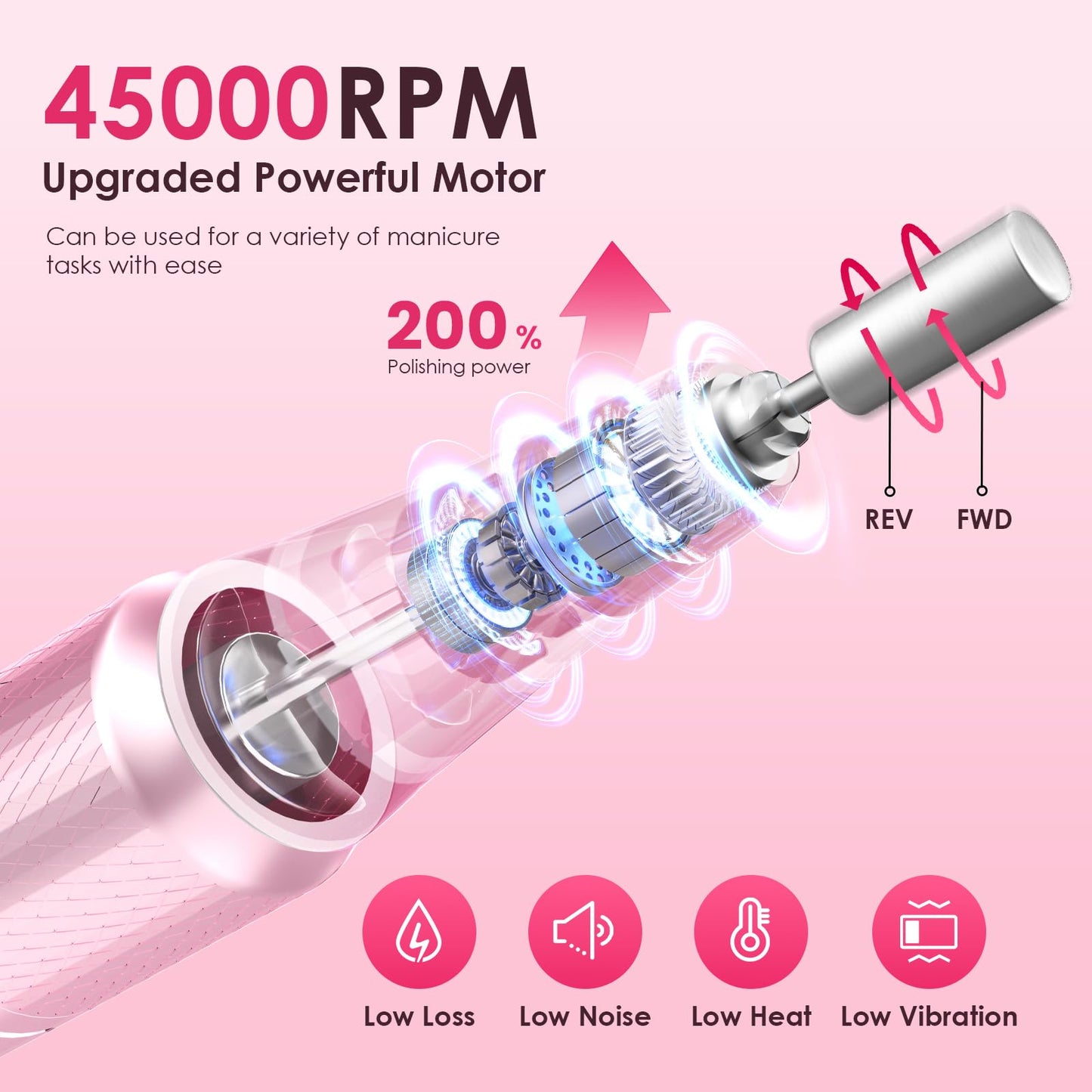 HELIVIVE Professional Electric Nail Drill 45000RPM (Portable & Rechargeable) (with 11 Drill Bits ) Cordless Nail File Machine for Shaping, Polishing & Removing Gel Nails for Salon Home (Pink)
