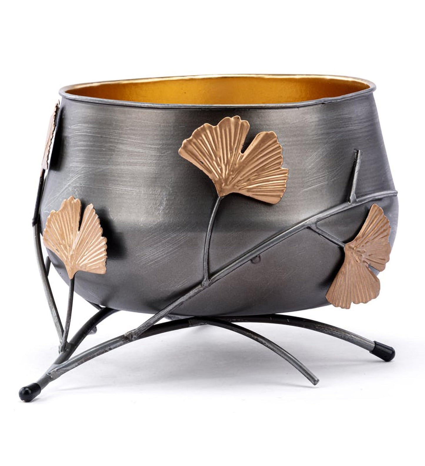 Napco Imports Leaves and Branches 5.5 x 6 Inch Grey and Bronze Tone Metal Small Decorative Footed Serving Bowl
