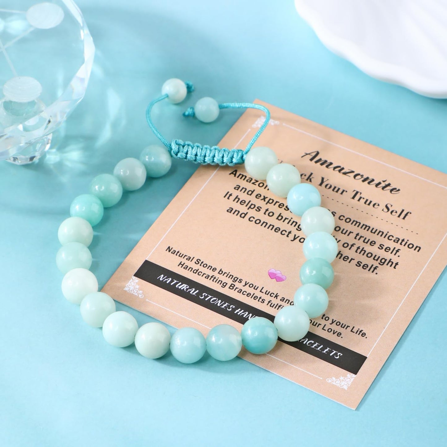 AD Beads 4mm Amazonite - Unlock Your Ture Self - Handmade Natural Stone Crystal Bracelet with Adjustable Macrame String - Yoga Healing Power Energy Gifts for Men and Women