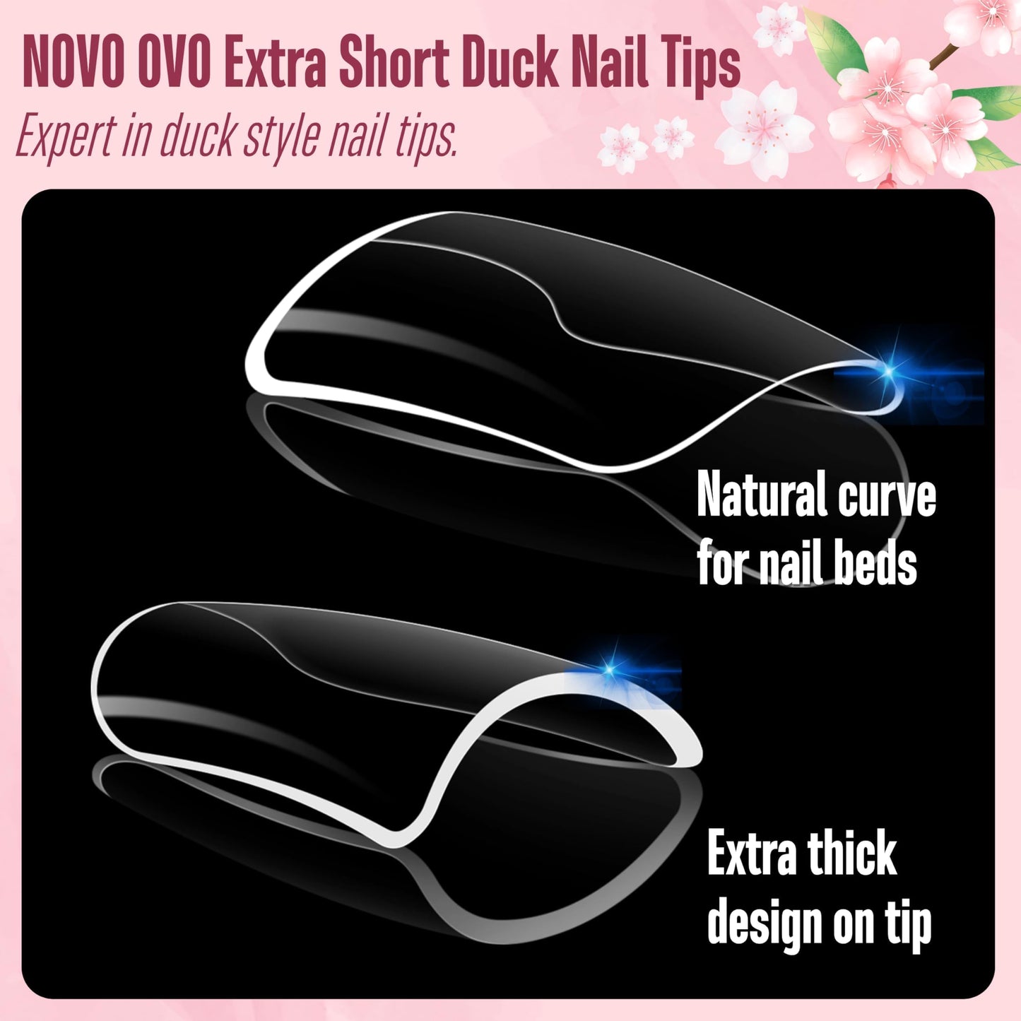 NOVO OVO Duck Feet Nail Tips for Small and Medium Hand, Extra Short Full Cover Press On Acrylic, Clear Full Coverage Thick Flare French Soft Gel Fake False Nail Extension x 12 Sizes