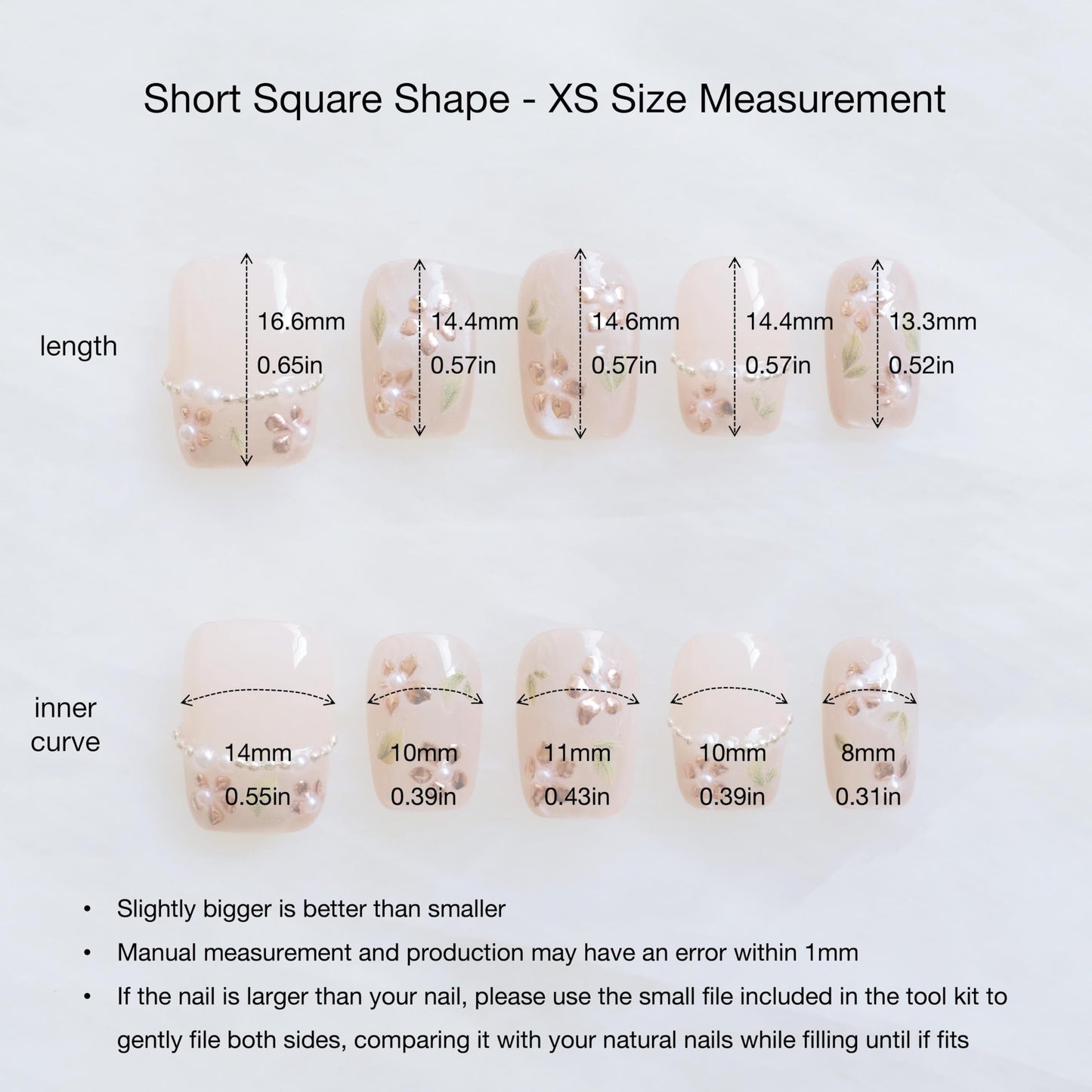 [GLORS] Short Square Press On Nails, Nude Pink with Rose Gold Foil and Pearl Accents, 10 Pieces (XS,SS)