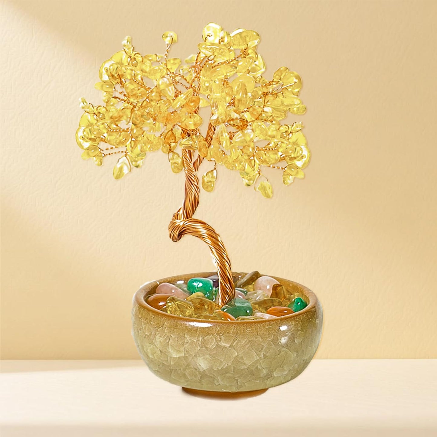 Citrine Crystal Tree Mini Money Tree for Wealth Home Office Desk Decor, Handmade Crystal Tree with Copper Wire, Ceramic Base, Business, Feng Shui Office Home Gift