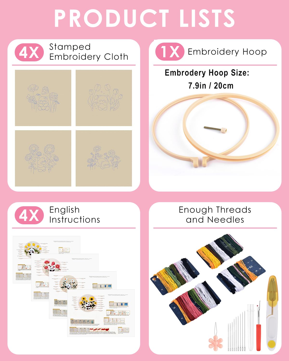 TINDTOP 4 Sets Embroidery Kit for Adult, Panda Embroidery Practice Kits for Beginners Include Embroidery Cloth Hoops Threads for Craft Lover Hand Stitch with Embroidery Skill Techniques