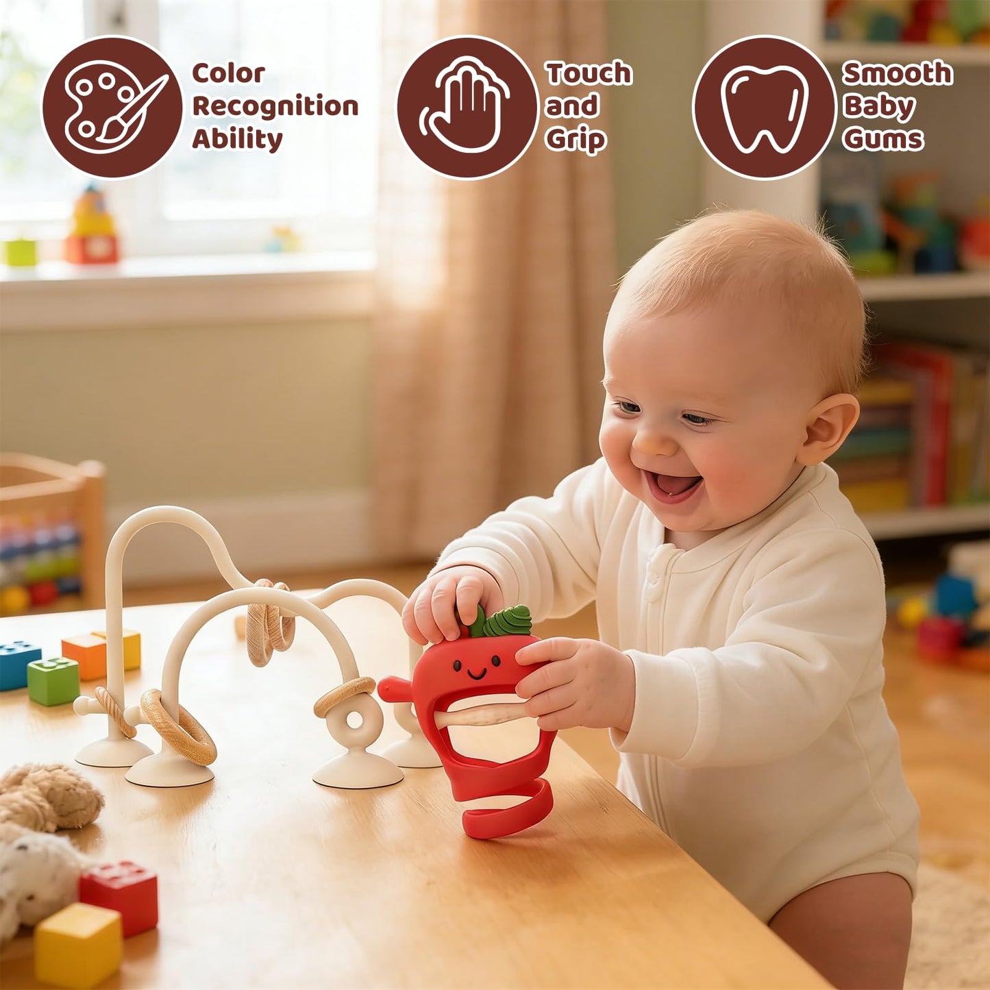 Baby High Chair Suction Toys Teething Chew - Silicone Apple Teething Relief Toys Silicone Teethers Table Toys, Food Grade Silicon for 6 12 18 Months(Red)