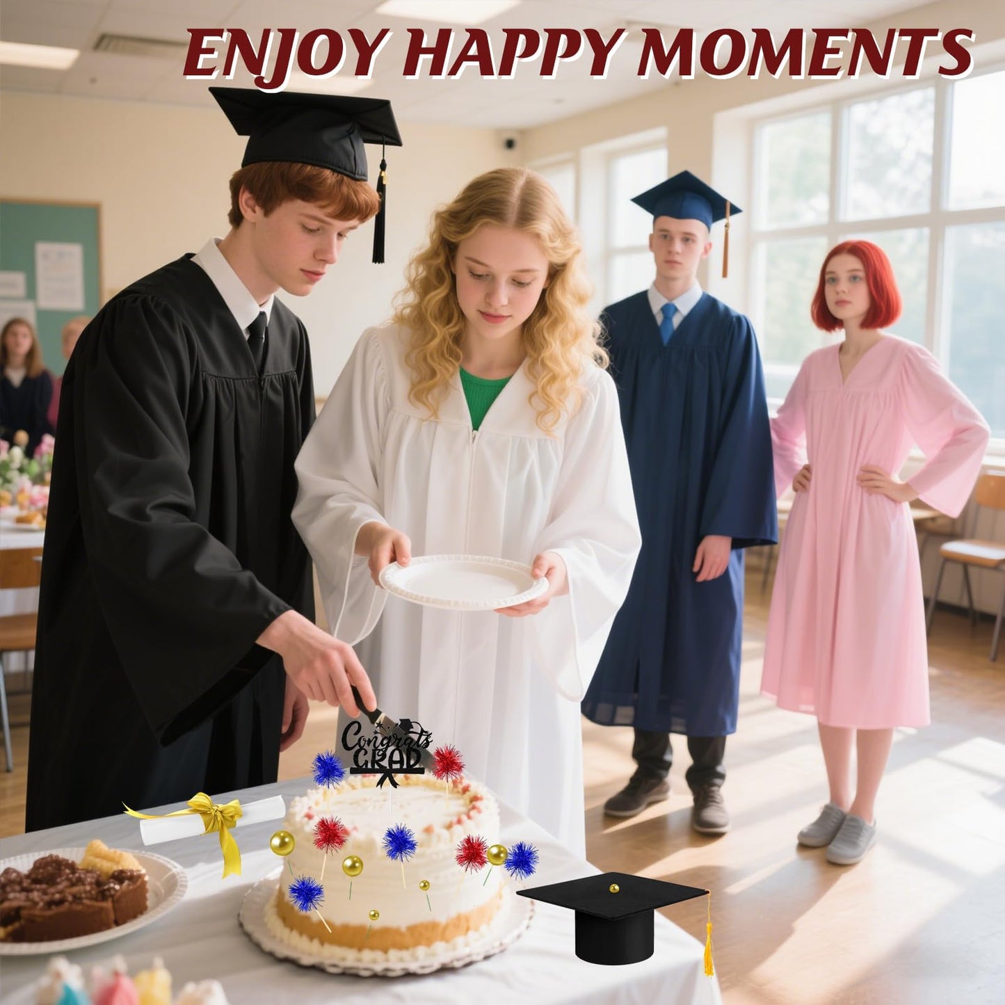 32PCS Graduation Cake Decorations Kit for Class of 2026 Includes Felt Tassel Caps, Firework Cupcake Toppers, Diploma and Balls, Black Theme Party Supplies for High School,College Celebrations (Black)