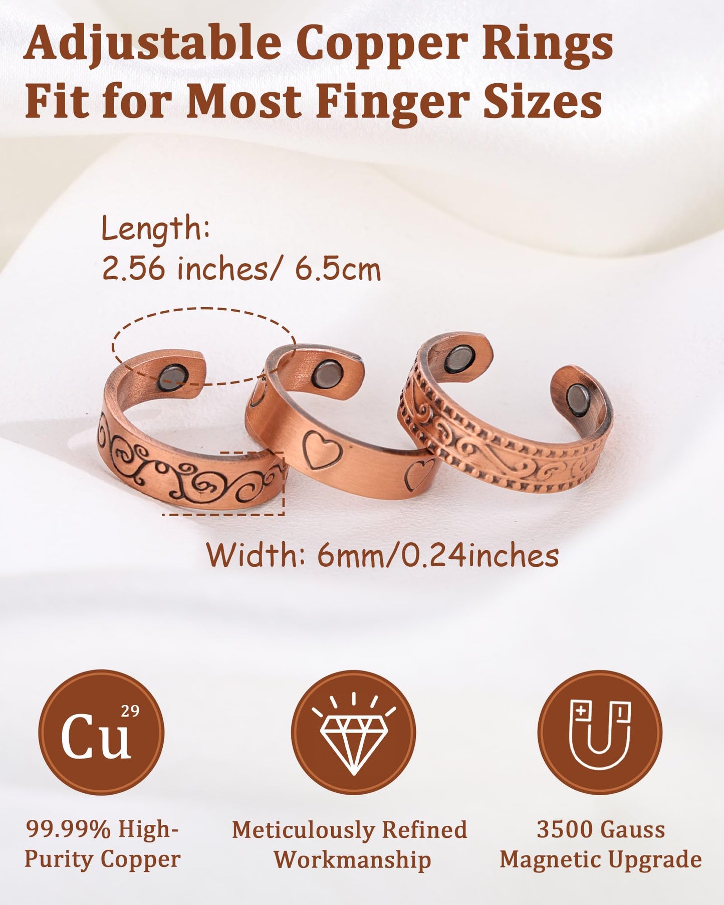 BioMag 3Pcs Lymphatic Drainage Copper Ring for Men Women, 99.99% Pure Copper Magnetic Rings, Adjustable Jewelry Gift with Jewelry Box (CopperA-3PCS)