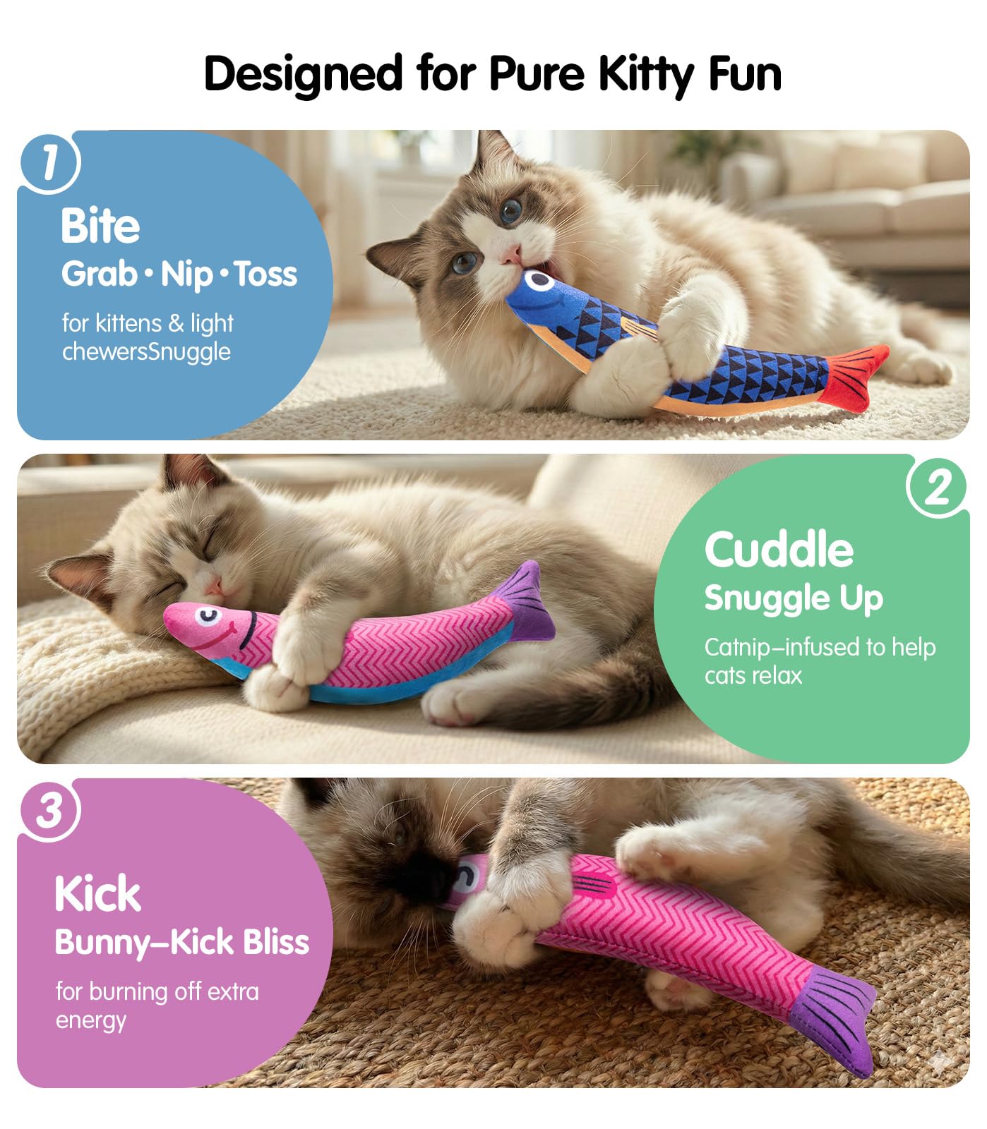 PetBusy Cat Toys with[5000mg A+Natural Catnip &Silvervine] [Baby Grade] Interactive Soft Chew Kicker Cat Toys for Indoor Cats & Kittens, [Crinkle &Bell] Fish Sound Toy, Drives Bored Cat Crazy with Fun