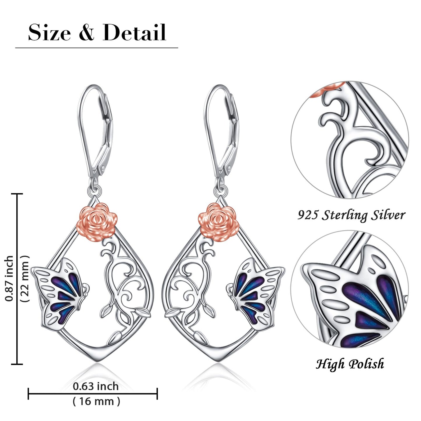 SHAOAN Butterfly Rose Dangle Drop Earrings 925 Sterling Silver Leverback Earring Jewelry Gifts for Women