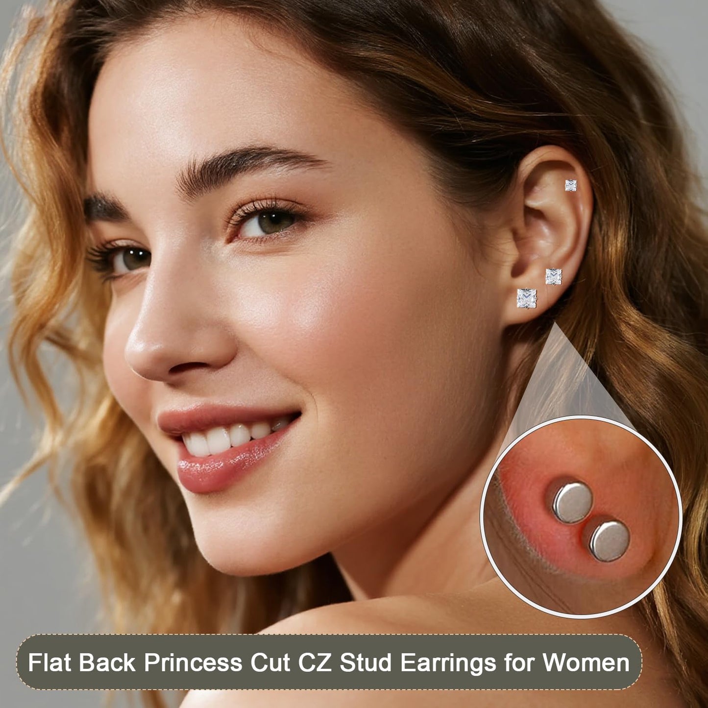 Princess Cut Square CZ Stud Earrings Flat Back, Screw Back Small Silver Clear Cubic Zirconia Studs Earrings Set for Women Men, Pack of 3 Pairs (3mm 4mm 5mm)
