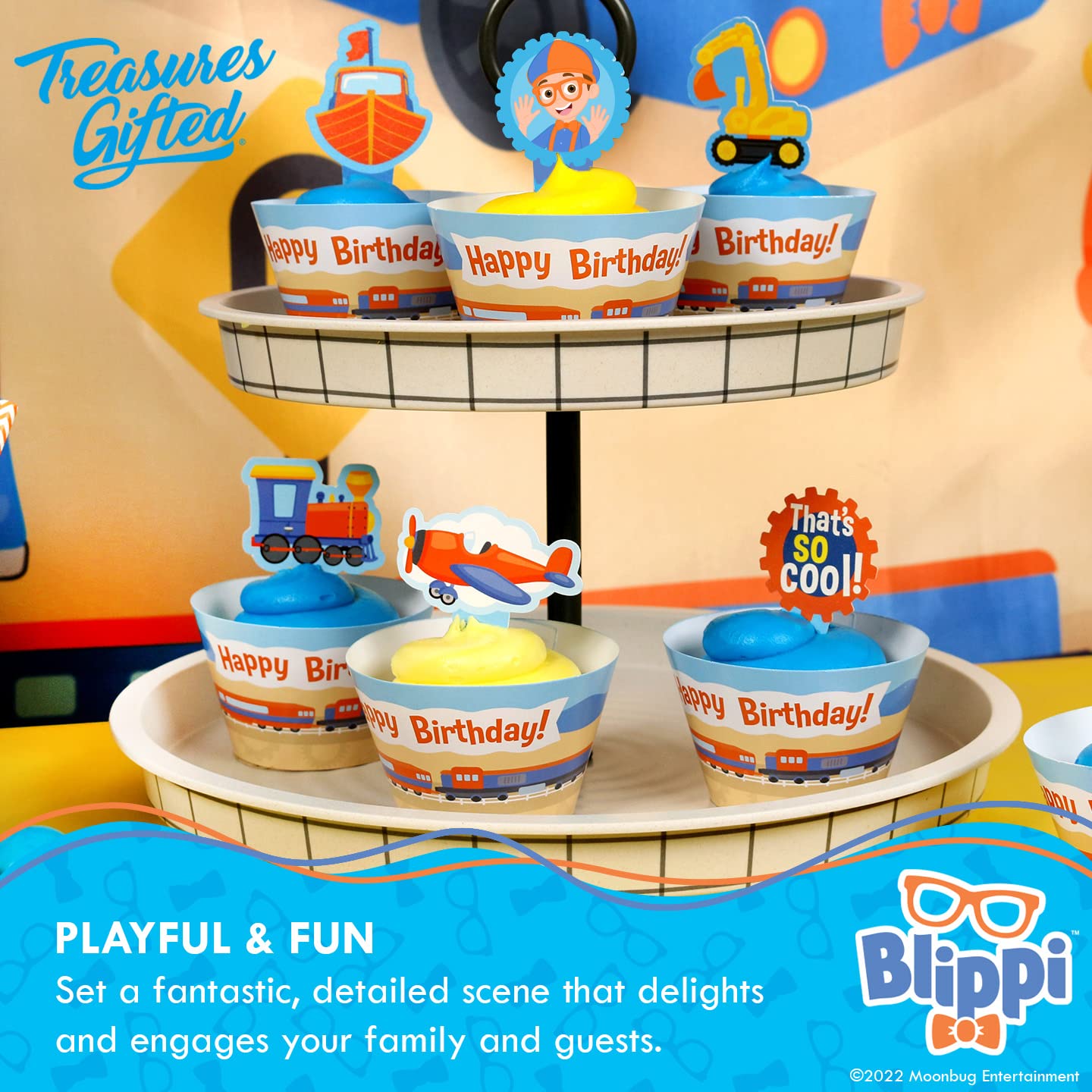 Treasures Gifted Officially Licensed Blippi Birthday Decorations Vehicle - Cake Topper Set - 1 Blippi Cake Topper & 24 Cupcake Toppers & Wrappers - Cake Decorations - Party Supplies