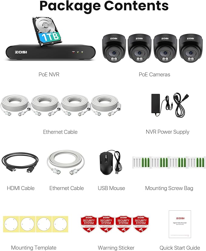 ZOSI C220 4CH 4MP QHD 2.5K PoE Home Security Camera System, 4 x 4MP(1440p) Dome IP Cameras Outdoor Indoor, Smart AI Human Detection, Two-Way Audio, 4CH 5MP 3K NVR with 1TB HDD for 24/7 Record