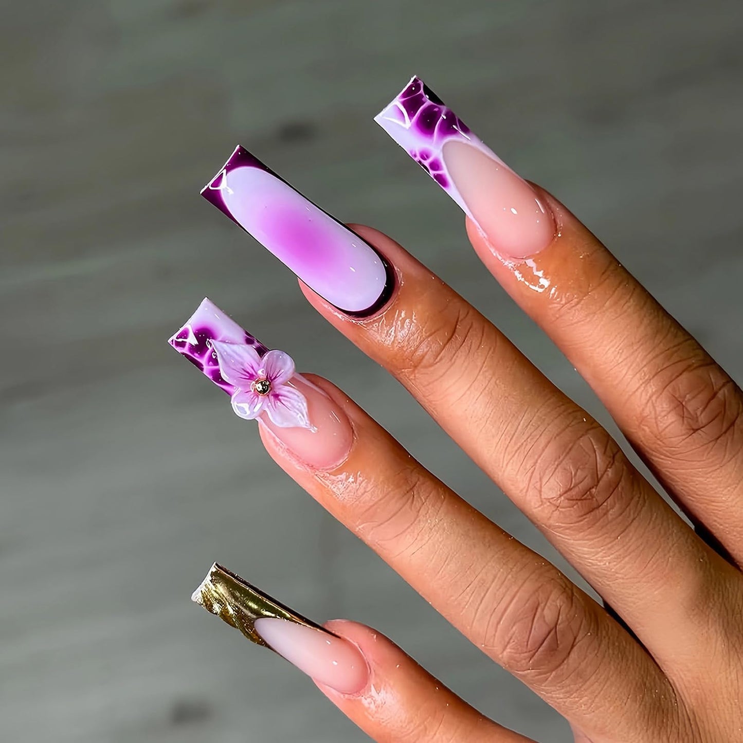 MISUD Press on Nails - Long Square Glue on Nails with Purple Flower, Acrylic Gold Chrome Design 24 pcs