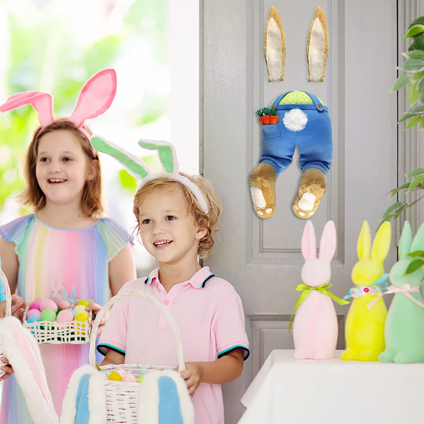 Easter Bunny Butt Wreath Kit Plush Rabbit Ear Wreath Attachment Thief Bunny DIY Embellishment Sets Spring Easter Outdoor Hanging Welcome Sign Garland Decorative Craft Supplies (Blue)